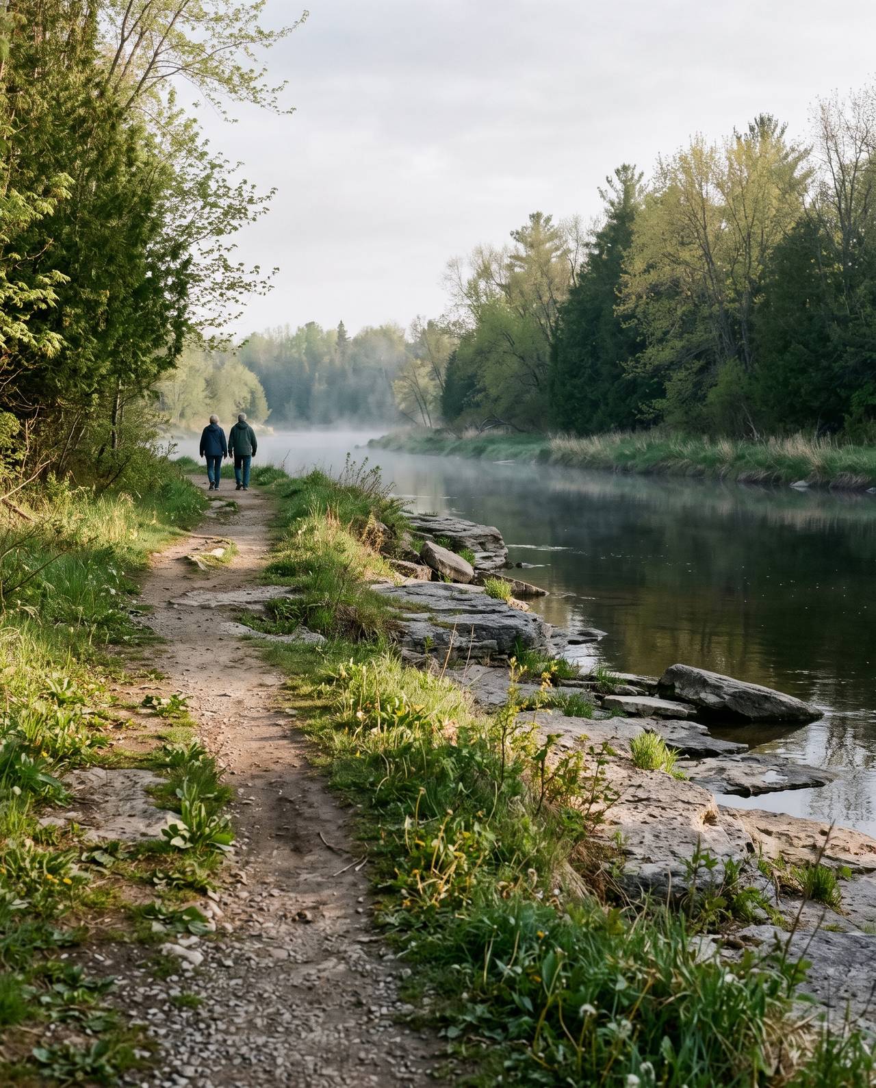 A path along a river with limestone banks, two people walking in the distance